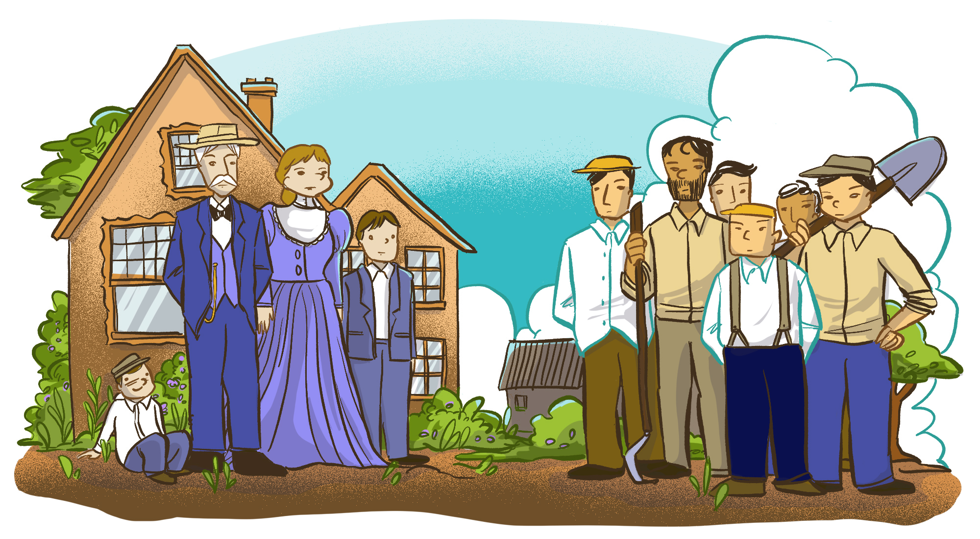 An illustration of Chinese tenant farmers and Caucasian farm owners. On the right hand side of the image stands several Chinese Canadian farmers with farming tools in their hands, against a background of farm land. On the left hand side stands a family of Caucasian farm owners in front of their house.