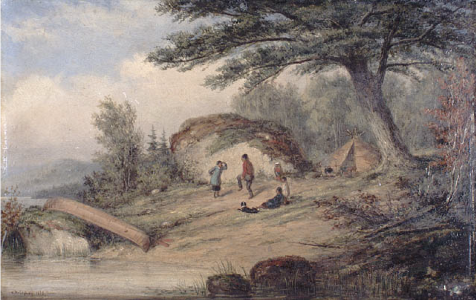 Oil painting of Indigenous campsite along the river. The campsite is close to the shore, a wigwam/birchbark lodge is set up underneath a tree. A man and a woman are dancing, three people and a dog sit on the ground watching them. A canoe is perched on a rock that lines the shore. In the background is a forest and a cloudy sky.