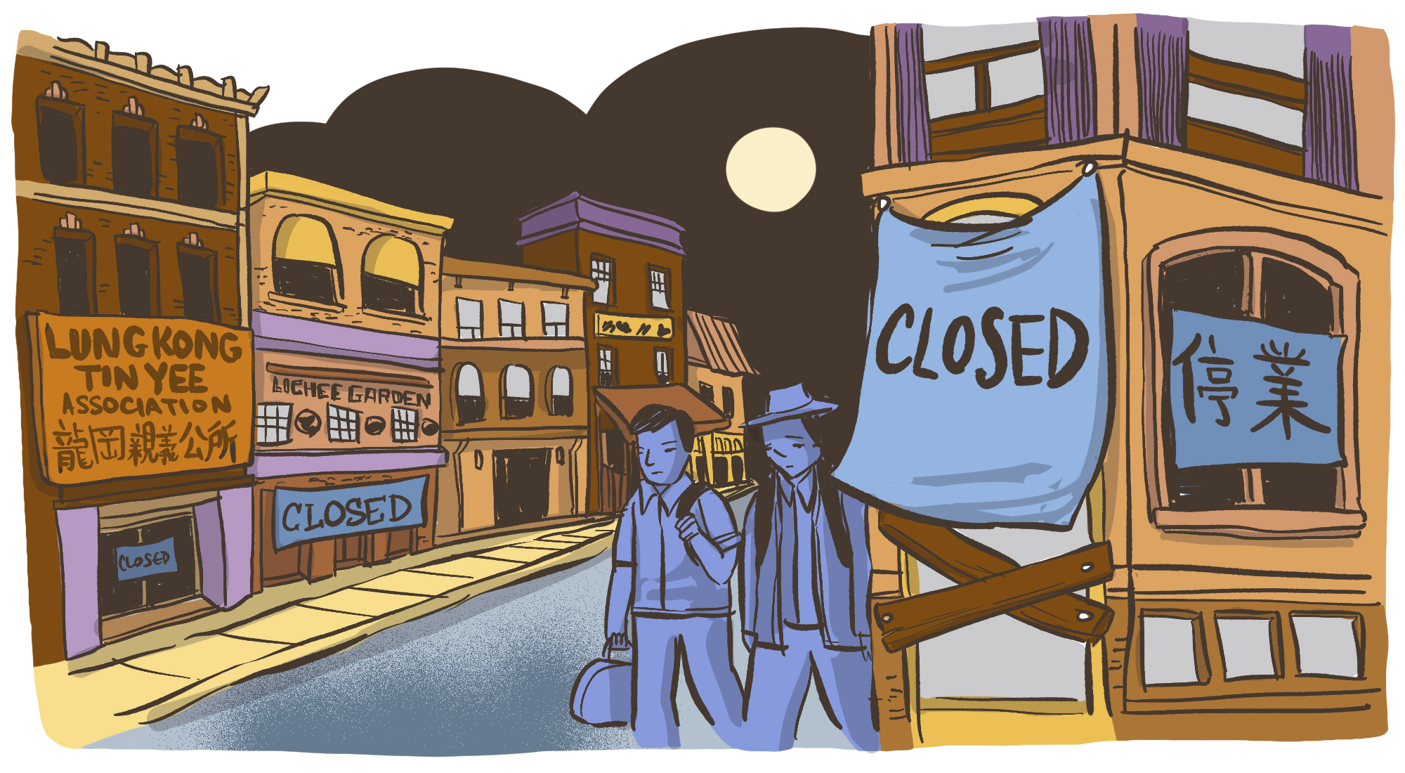 An illustration of shops in Chinatown closed down after Chinese Exclusion Act. On the right hand side of the image, stands a building with "closed" sign in both English and Chinese. Two Chinese residents walk pass the building. The street in the middle is empty, and on the left hand side, stands more store front with closed sign.