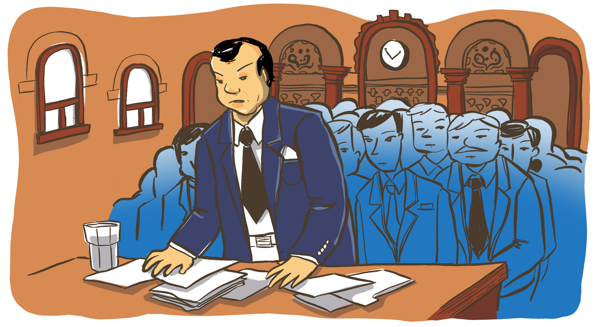 An illustration of K. Dock Yip in court, repealing the Chinese Exclusion Act. K. Dock Yip is depicted standing in the middle of the image wearing a suit, with several document in front of him. Behind him sit a group of people that represent the repealing committee. The background is wooden arches of a court room.
