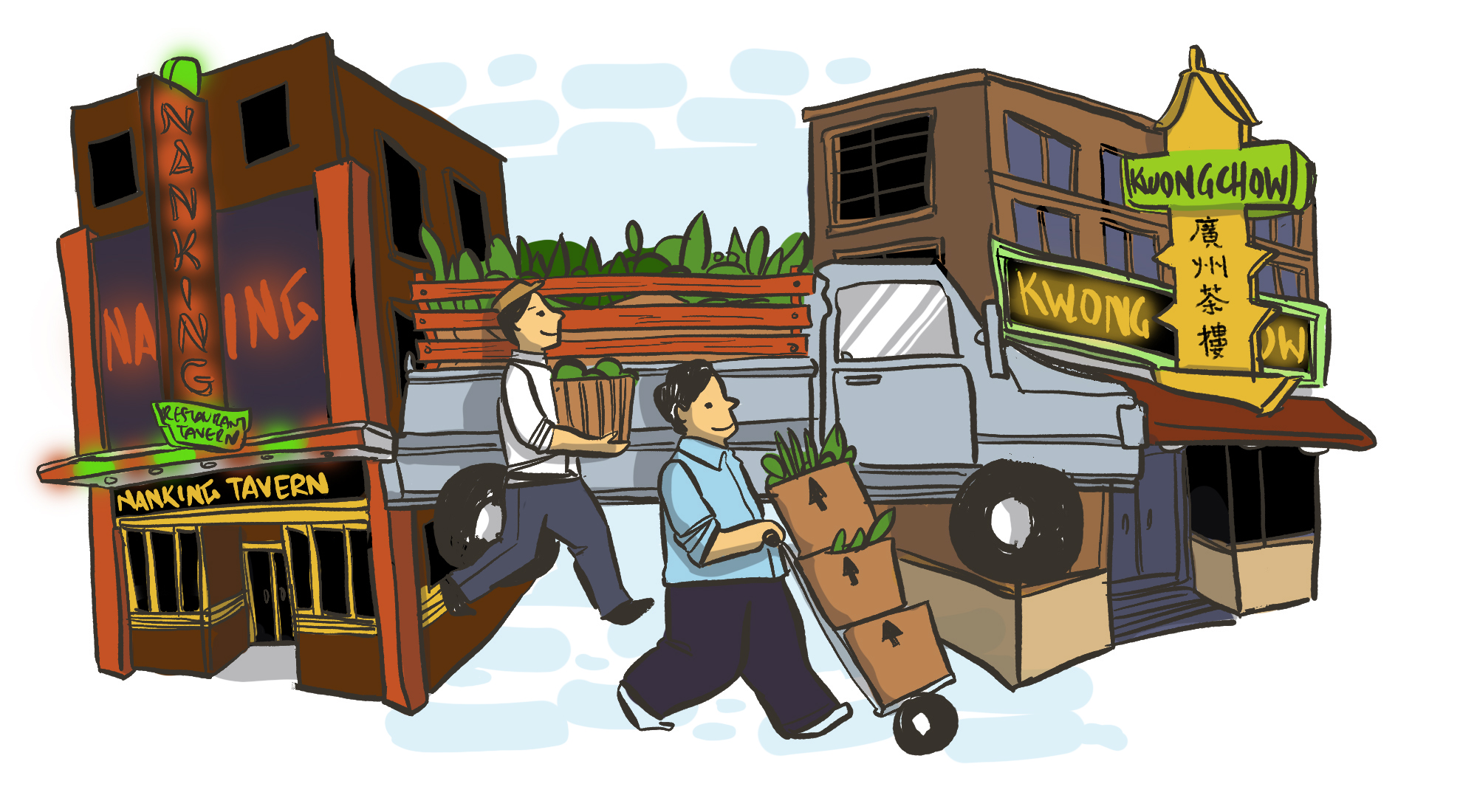 A illustration of Chong Family Farm doing delivery to Chinatown. The background of the image depict two Chinese restaurants in Toronto's old Chinatown, Nanking in the left and Kuang Chow on the right. In front of the buildings, the illustration depict a truck with vegetables inside, and two person carrying crates of vegetable.