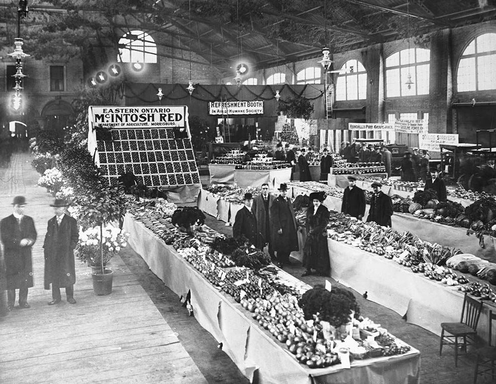 About 25 men and women stand in a large indoor market, around tables piled with fresh produce. Signs read, “Eastern Ontario McIntosh Red” and “Refreshment booth.” Large potted plants line one walkway.