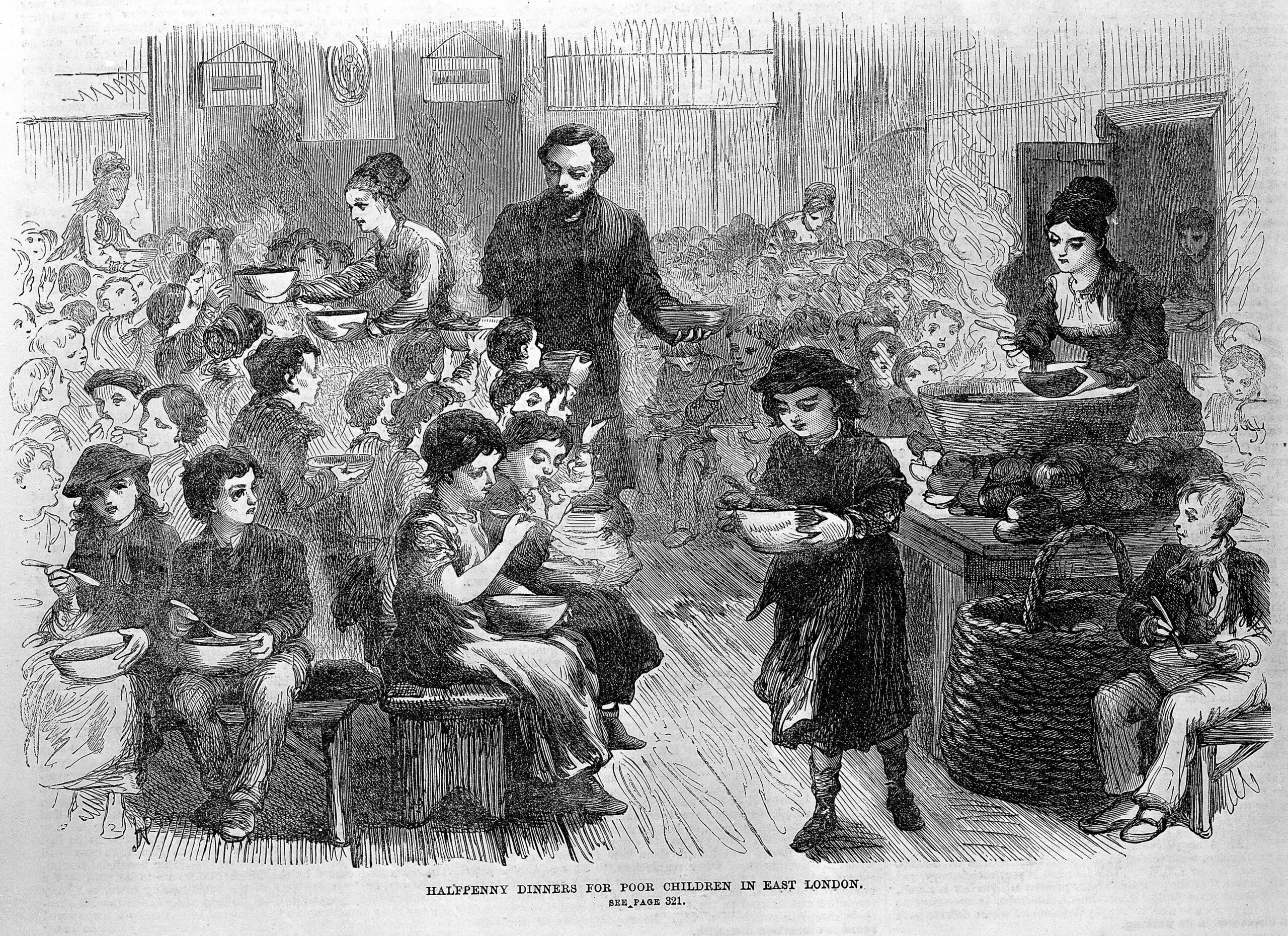 Illustration of poor children receiving dinner from a charity. They are crowded around tables with their bowls.