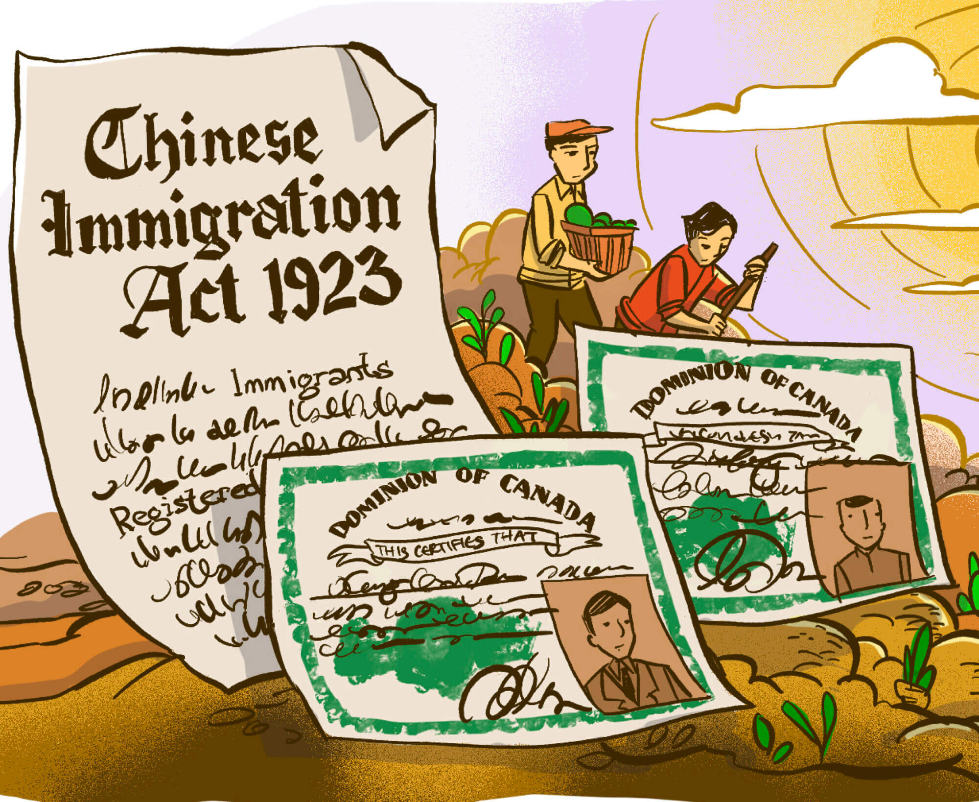 An illustration of Chinese Canadian farmers. On the right hand side of four people are working in a vegetable field against a background of farm house and a rising sun. On the left hand side is the illustration of several document, one titled Chinese Immigration Act 1923, and two immigration documents of the Chinese Canadian farmers.