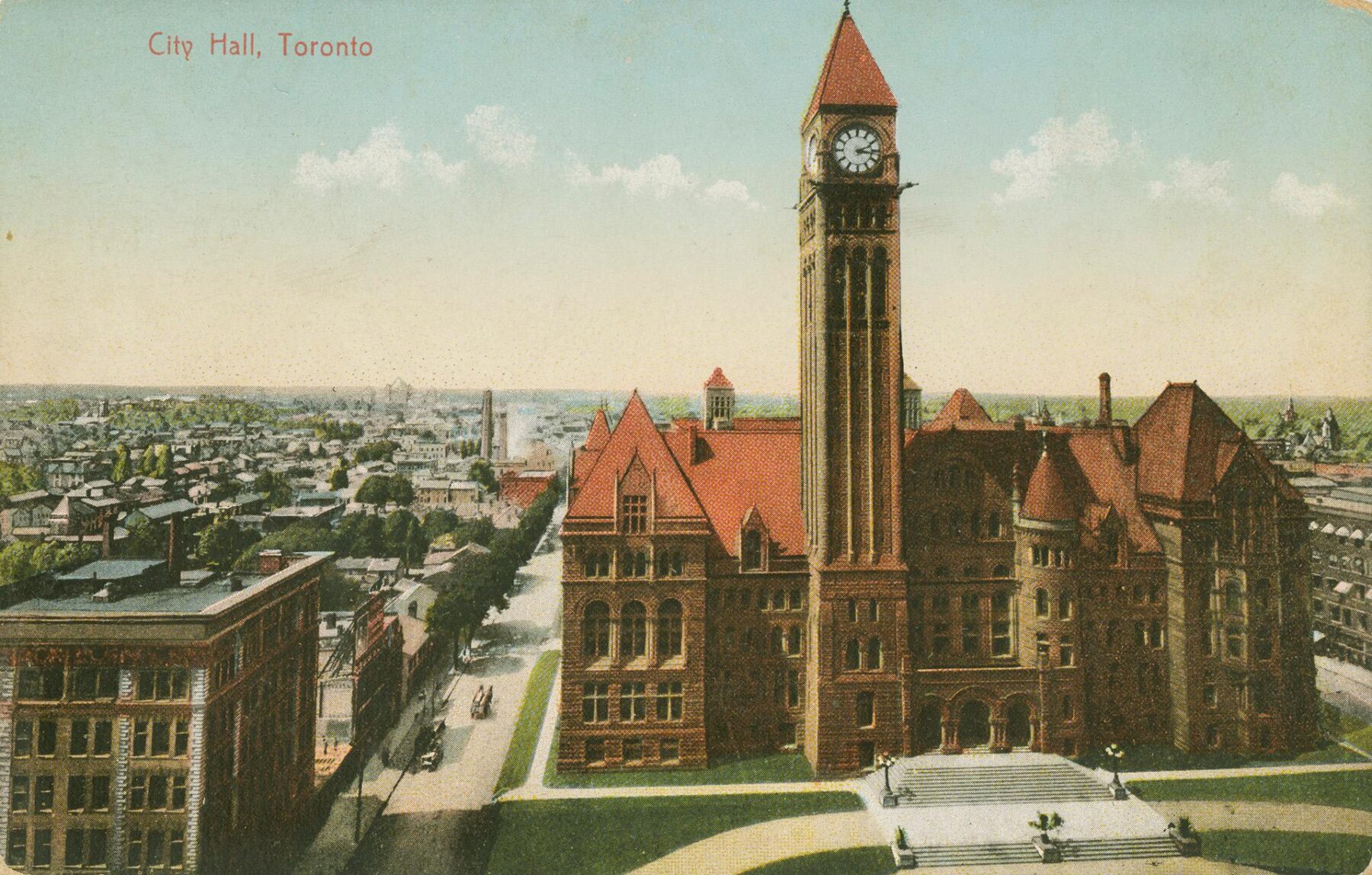 A vintage postcard shows a large government building with a clock tower. To the left of the building is a residential neighbourhood with smaller buildings and houses. In the top left corner of the image, orange text reads "City Hall, Toronto."